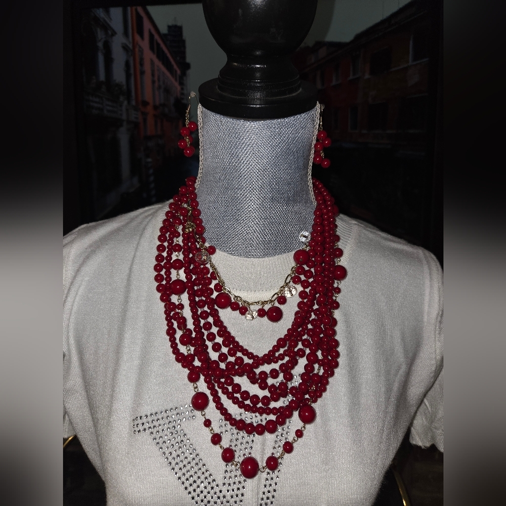 Elegant Lipstick Red Beaded 8 Strand Necklace and Earring Set